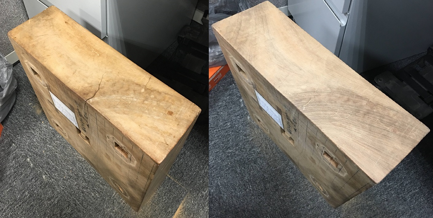 Before sanding / after sanding and filling the crack with sawdust (from the sanding process).